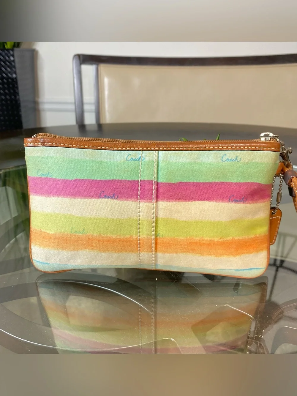 Coach Watercolor Rainbow Stripe Canvas Leather Wristlet Pouch Multicolor 41202